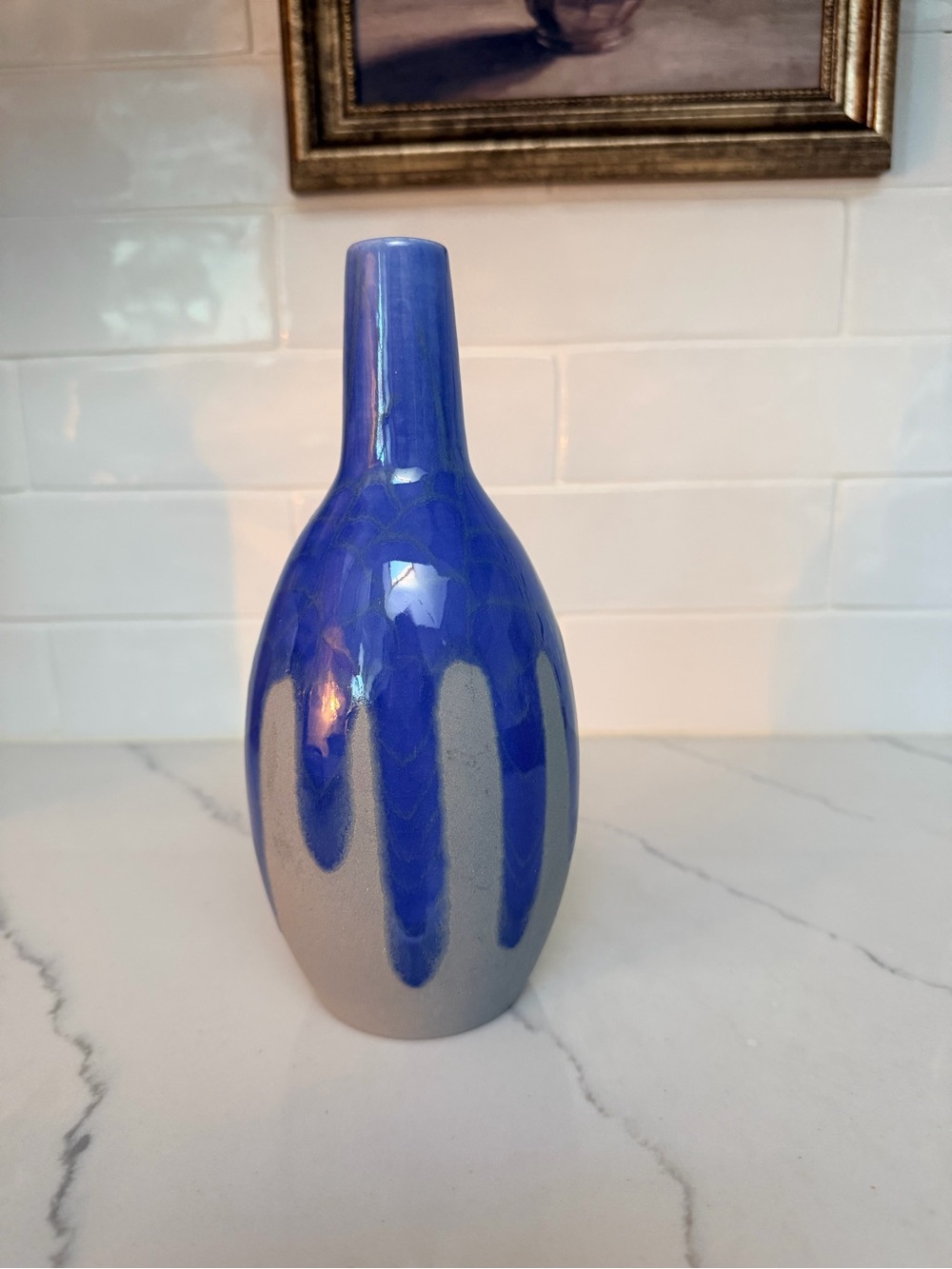 Vintage Blue and Gray Drip-Glaze Ceramic Vase - Home Accents